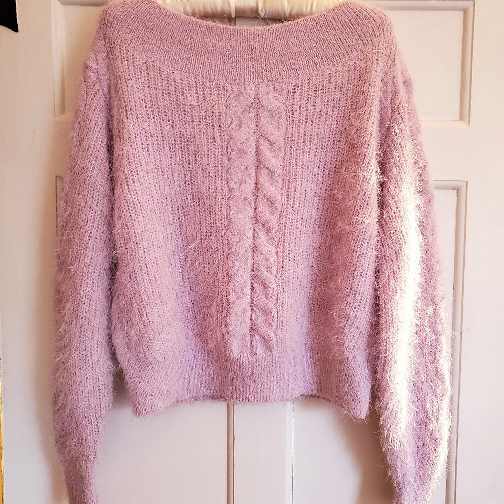 Off-the-Shoulder Lavender Cable Knit Sweater, Size M